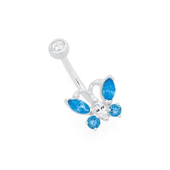 Silver & Stainless Steel Blue CZ Butterfly Belly Bar