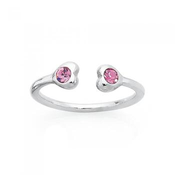 Silver Pink Crystal Double Heart Toe Ring