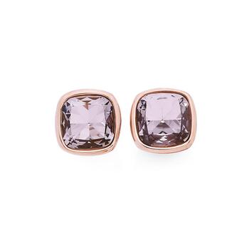 Steel Rose Plate Pink Stone Cushion Cut Stud Earrings
