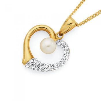 9ct Gold on Silver Pearl & Crystal Heart Pendant