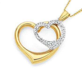 9ct Gold on Silver Two Tone Crystal Heart Pendant