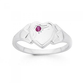 Sterling Silver Created Ruby Heart Signet Ring