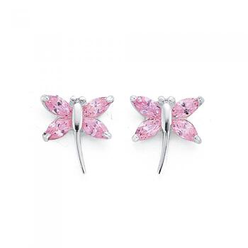 Sterling Silver Pink Cubic Zirconia Dragonfly Earrings