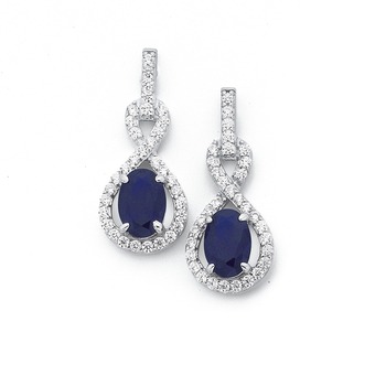 Silver Oval Dark Blue Cubic Zirconia Pear Twist Earrings