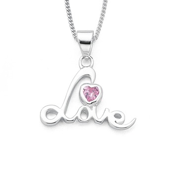 Sterling Silver "Love" Pink Cubic Zirconia Heart Pendant