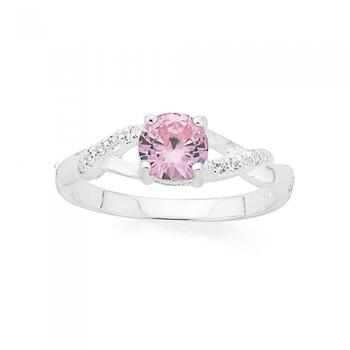 Sterling Silver Pink Cubic Zirconia Kiss Ring