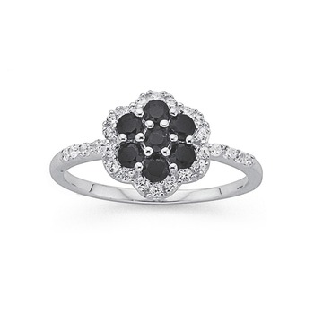 Silver Black & White CZ Flower Dress Ring