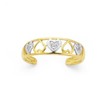 9ct Gold, Two Tone Cubic Zirconia Multi Hearts Toe Ring
