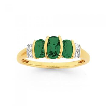 9ct Gold Created Emerald & Diamond Cushion Trilogy Ring