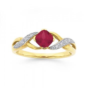 9ct Gold Created Ruby & Diamond Cushion Cut Ring