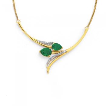 9ct Gold Created Emerald & Diamond Tulip Necklet