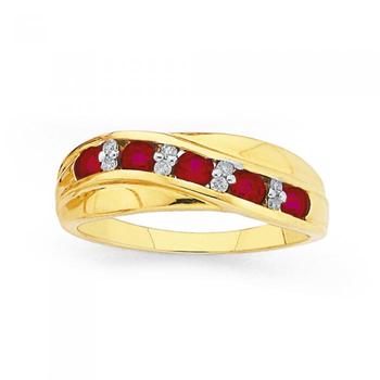 9ct Gold Created Ruby & Diamond Crossover Ring