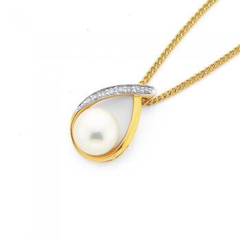 9ct Gold, Cultured Fresh Water Pearl & Diamond Loop Pendant