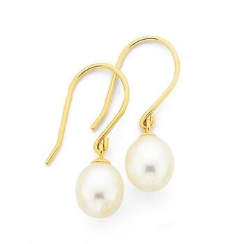 9ct Gold Cultured Fresh Water Pearl Drop Hook Earrings