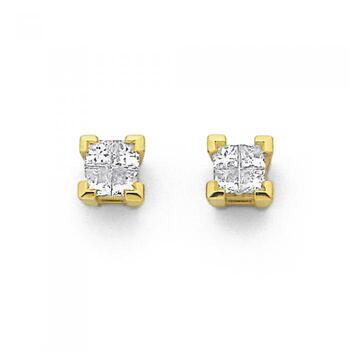 9ct Gold Diamond Princess Cut Stud Earrings