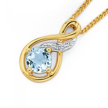 9ct Gold Diamond & Aquamarine Pendant