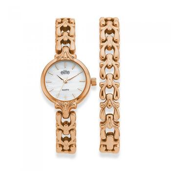 Elite Rose Gold Tone Fluer Des Watch & Bracelet Set