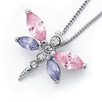 Sterling Silver Pink & Lavender Cubic Zirconia Dragonfly Pendant