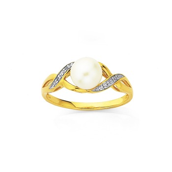 9ct Gold Cultured Freshwater Button Pearl & Diamond Crossover Shoulder Dress Ring Pearl = 8mm