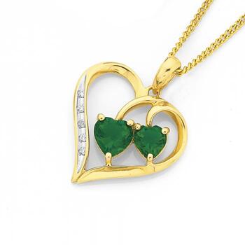 9ct Gold Created Emerald & Diamond Heart Pendant