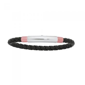 Steel & Rose Plate Black Leather Bracelet