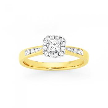 9ct Gold Diamond Halo with Shoulder Ring