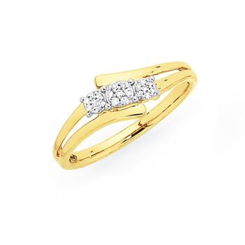 9ct Gold Diamond Cluster Trilogy Offset Dress Ring
