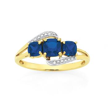 9ct Gold Created Sapphire & Diamond Trilogy Swirl Ring