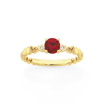 9ct Gold Created Ruby & Diamond Heart Band Ring
