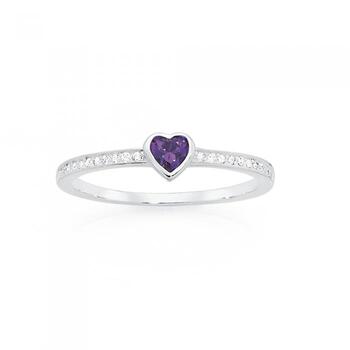 Sterling Silver Bezel Set Purple Cubic Zirconia Heart Ring Size S