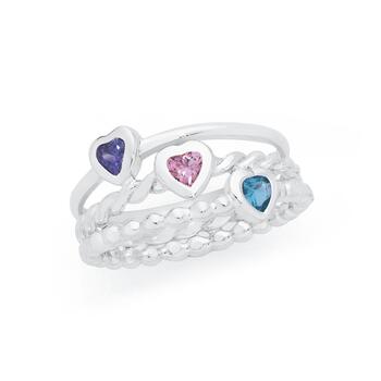 Silver Purple, Pink & Blue CZ Heart Ring Set