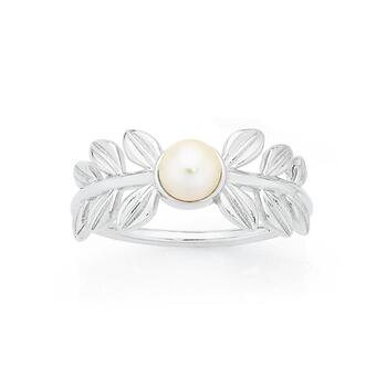 Silver Freshwater Pearl and Leaves Ring