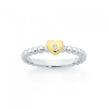 Sterling Silver & 9ct Gold Diamond in Heart Beaded Band Ring