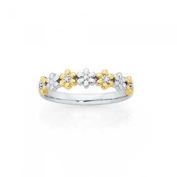 Sterling Silver & 9ct Gold Diamond Flower Ring