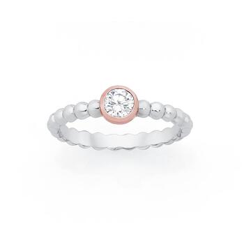 Silver and Rose Gold Plated Round CZ Bezel Set Friendship Ring