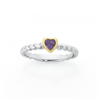 Sterling Silver & 9ct Gold Amethyst Heart Stacker Ring