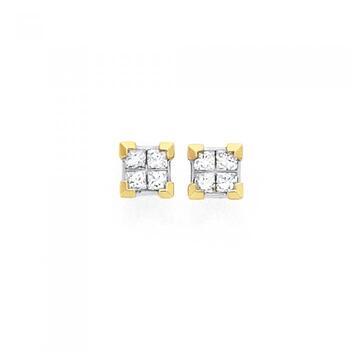 9ct Gold Diamond Princess Cut Invisible Set Diamond Stud Earrings