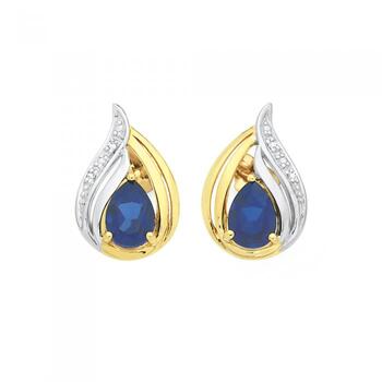 9ct Gold Created Sapphire & Diamond Stud Pear Double Swirl Stud Earrings