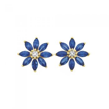 9ct Gold Created Ceylon Sapphire & Diamond Flower Stud Earrings