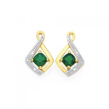 9ct Gold Created Emerald & Diamond Cushion Cut Drop Stud Earrings