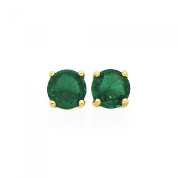 9ct Gold Created Emerald Round Stud Earrings