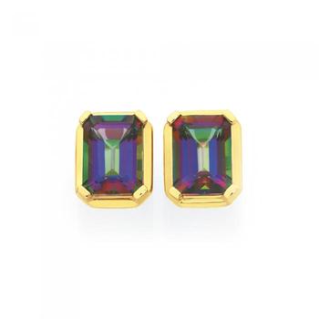 9ct Gold Coated Topaz Mystic Fire Emerald Cut Stud Earrings