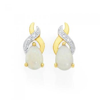 9ct Gold Opal & Diamond Swirl Crossover Stud Earrings