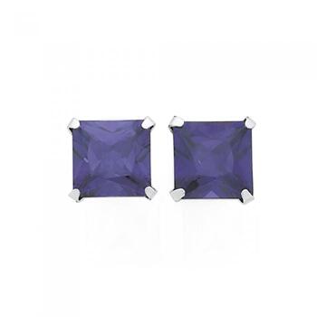 Silver 7mm Purple CZ Square Stud Earrings