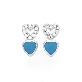 Silver CZ & Turquoise Heart Drop Earrings