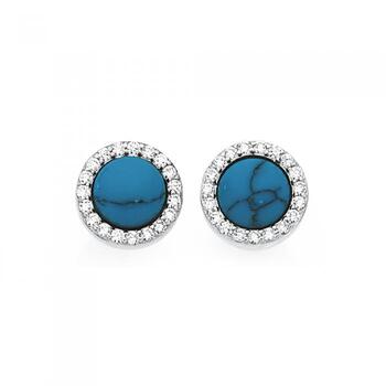 Silver Reconstituted Turquoise CZ Halo Stud Earrings