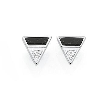 Silver Black Howlite Marble & CZ Stud Earrings