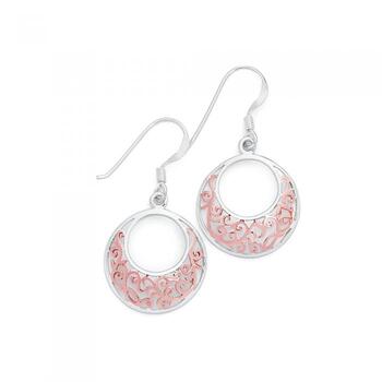 Silver and Rose Gold Plated Open Circle Filigree Earrings