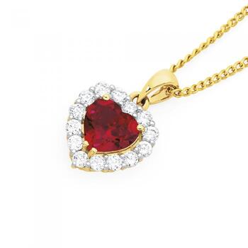 9ct Gold Created Ruby & Cubic Zirconia Heart Pendant