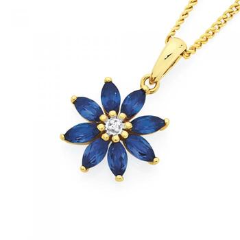 9ct Gold Created Ceylon Sapphire & Diamond Flower Pendant